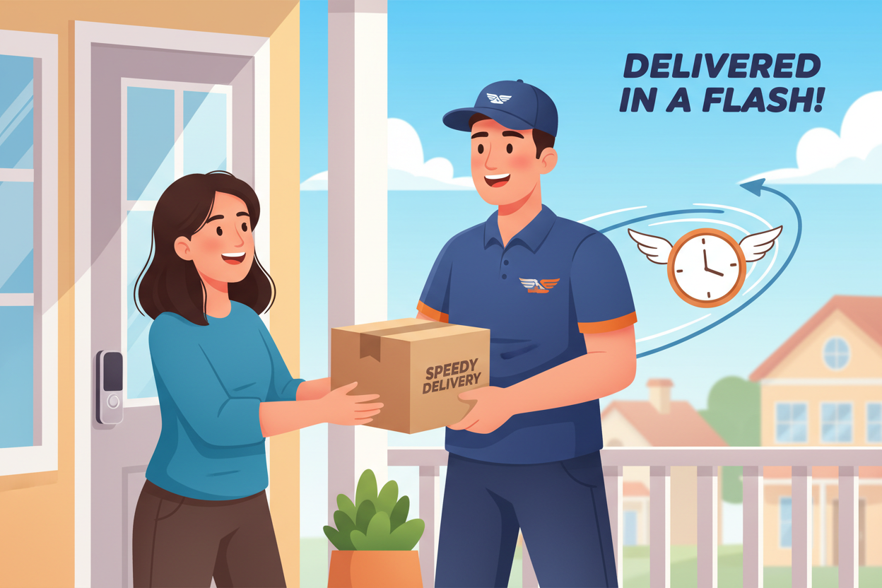 fast shipping delivery boy handour at door of customer